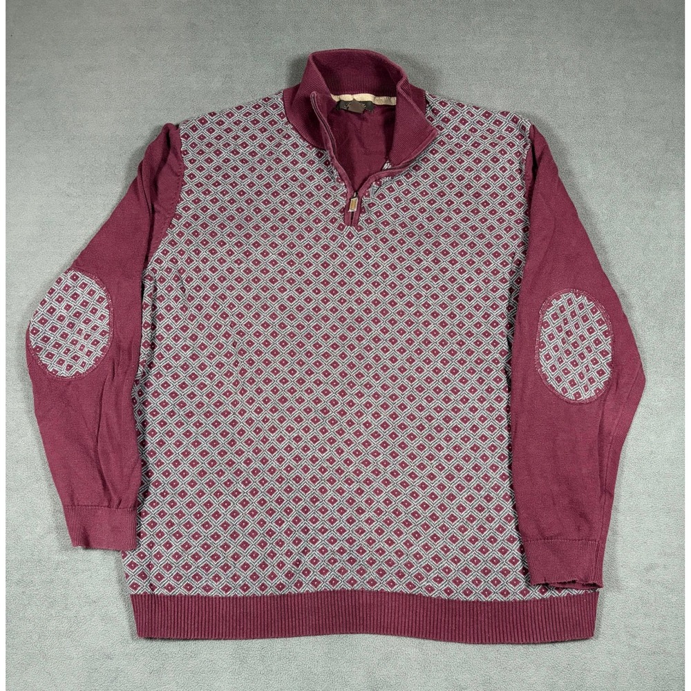 Tasso Elba Sweater Mens XL Burgundy Geometric Quarter Zip Elbow Patch